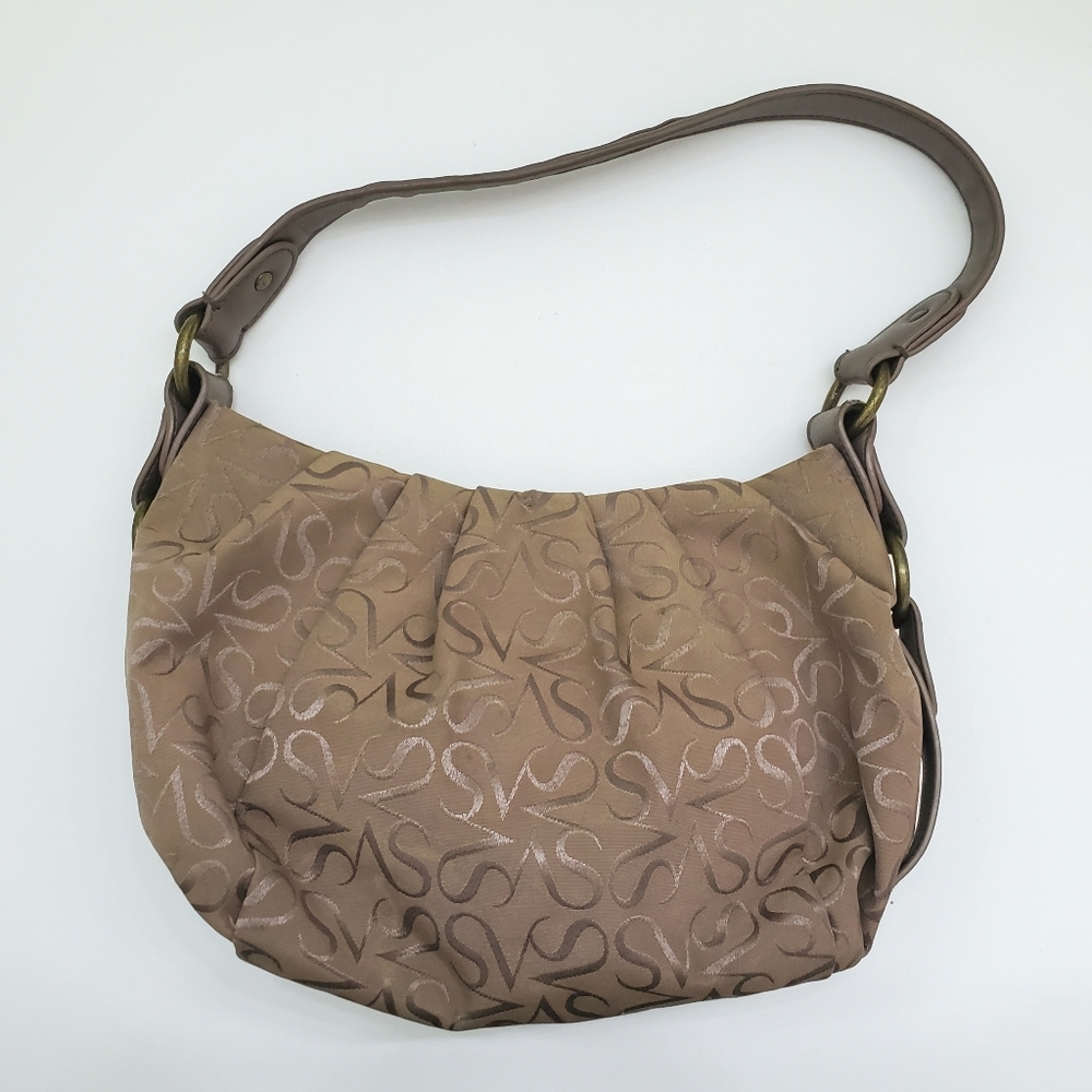 Simply Vera VERA WANG Taupe Pleated Hobo Handbag Magnetic Closure Monogram Logo